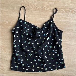 90s Vintage Amani S Black Cowl Neck Floral Tank Top Medium